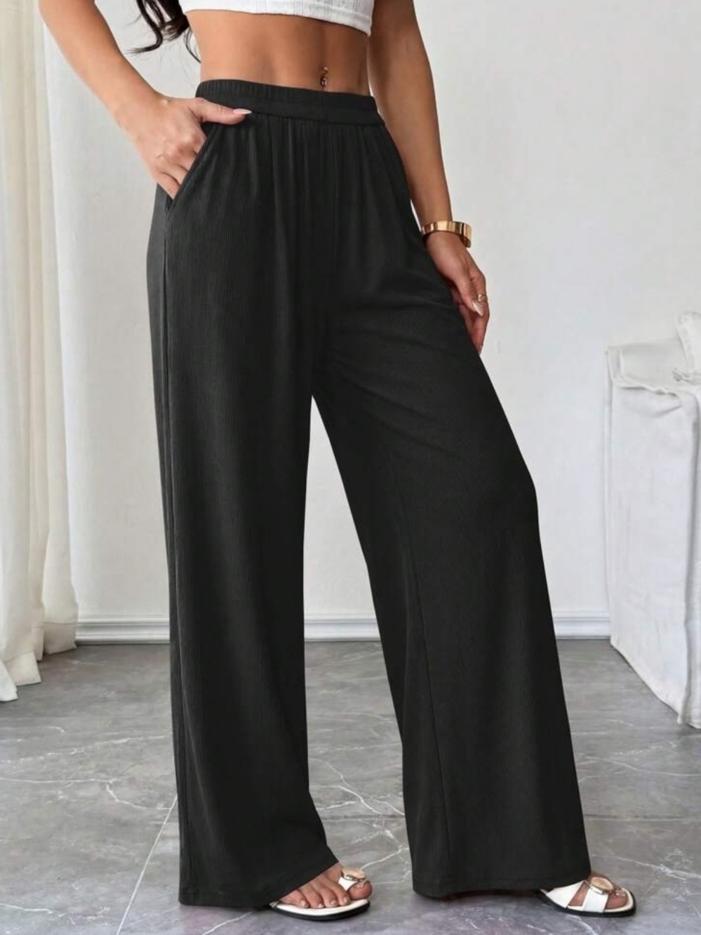 By Camcam Women Black Wide-Leg Pleated Elastic Waist Pants Pockets 27" 2
